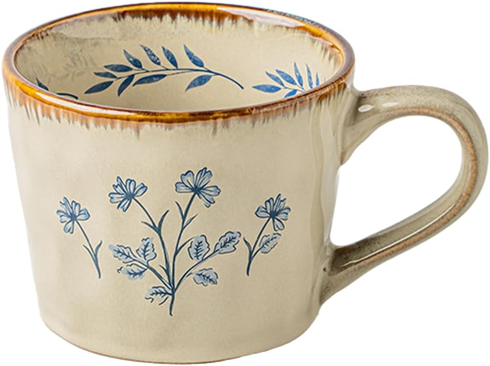 Handcrafted Vintage Ceramic Mug – Large Capacity 25oz Coffee Mug with Blue Botanical Floral Pattern