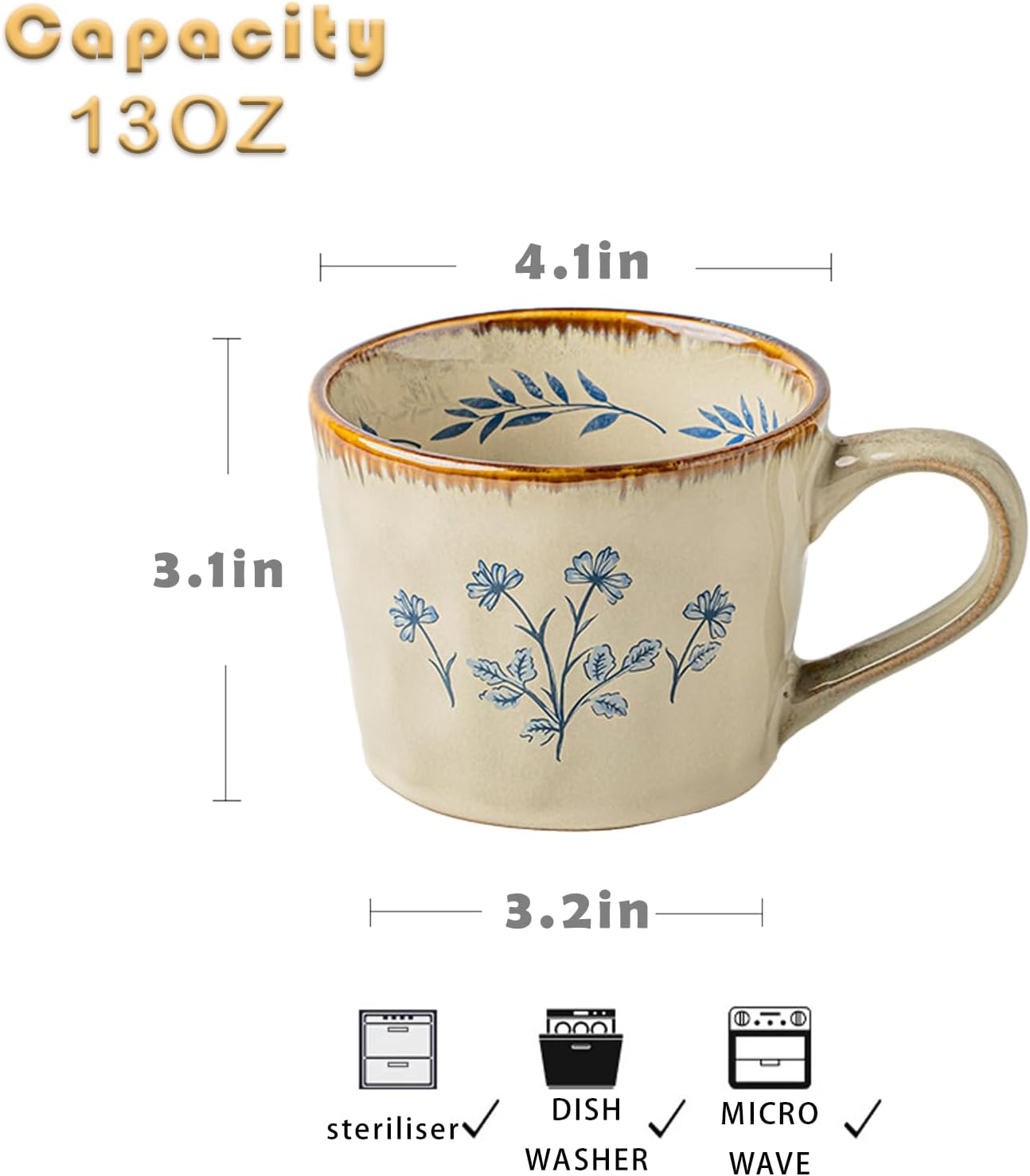 Handcrafted Vintage Ceramic Mug – Large Capacity 25oz Coffee Mug with Blue Botanical Floral Pattern