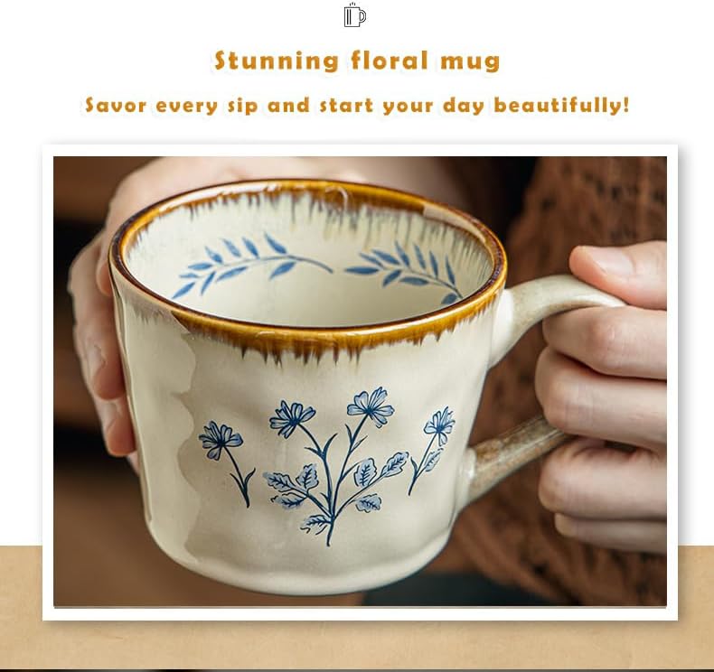 Handcrafted Vintage Ceramic Mug – Large Capacity 25oz Coffee Mug with Blue Botanical Floral Pattern