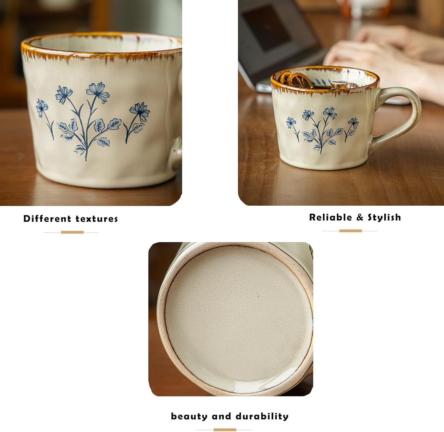 Handcrafted Vintage Ceramic Mug – Large Capacity 25oz Coffee Mug with Blue Botanical Floral Pattern